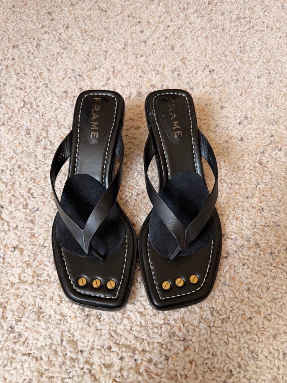 Frame Denim Black Leather Thong Sandals with Gold Studs